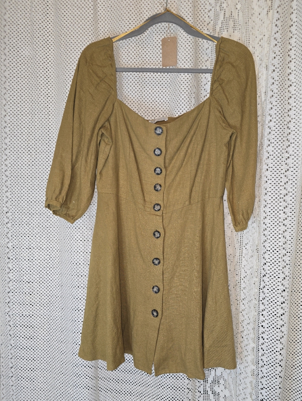 Zara TRF Collection Linen Mini Dress Button Down 3/4 Sleeve, Womens Medium